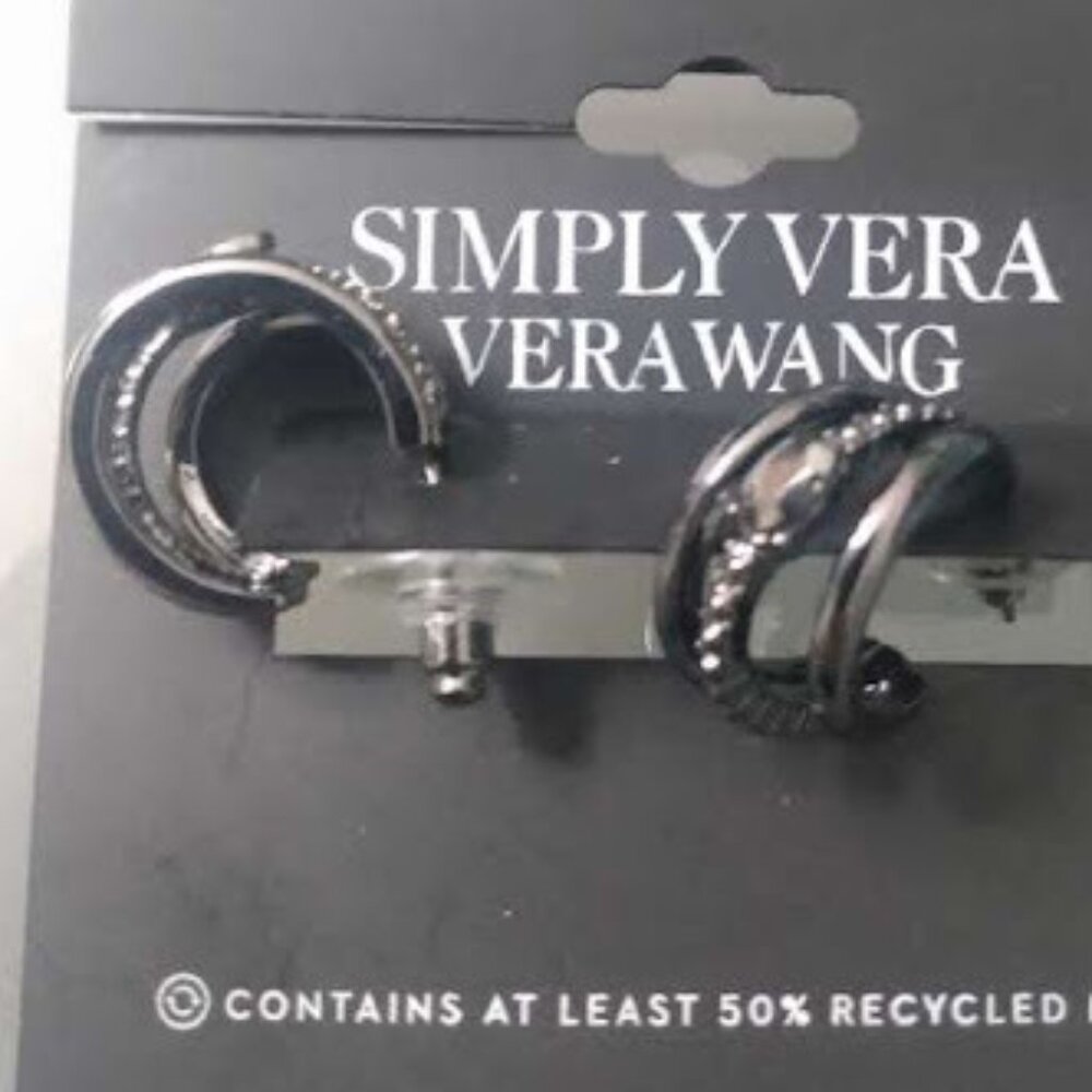 VERA WANG Rocker Chic Gunmetal Textured Hematite Stone Triple Hoop Earrings**NEW - Picture 3 of 4